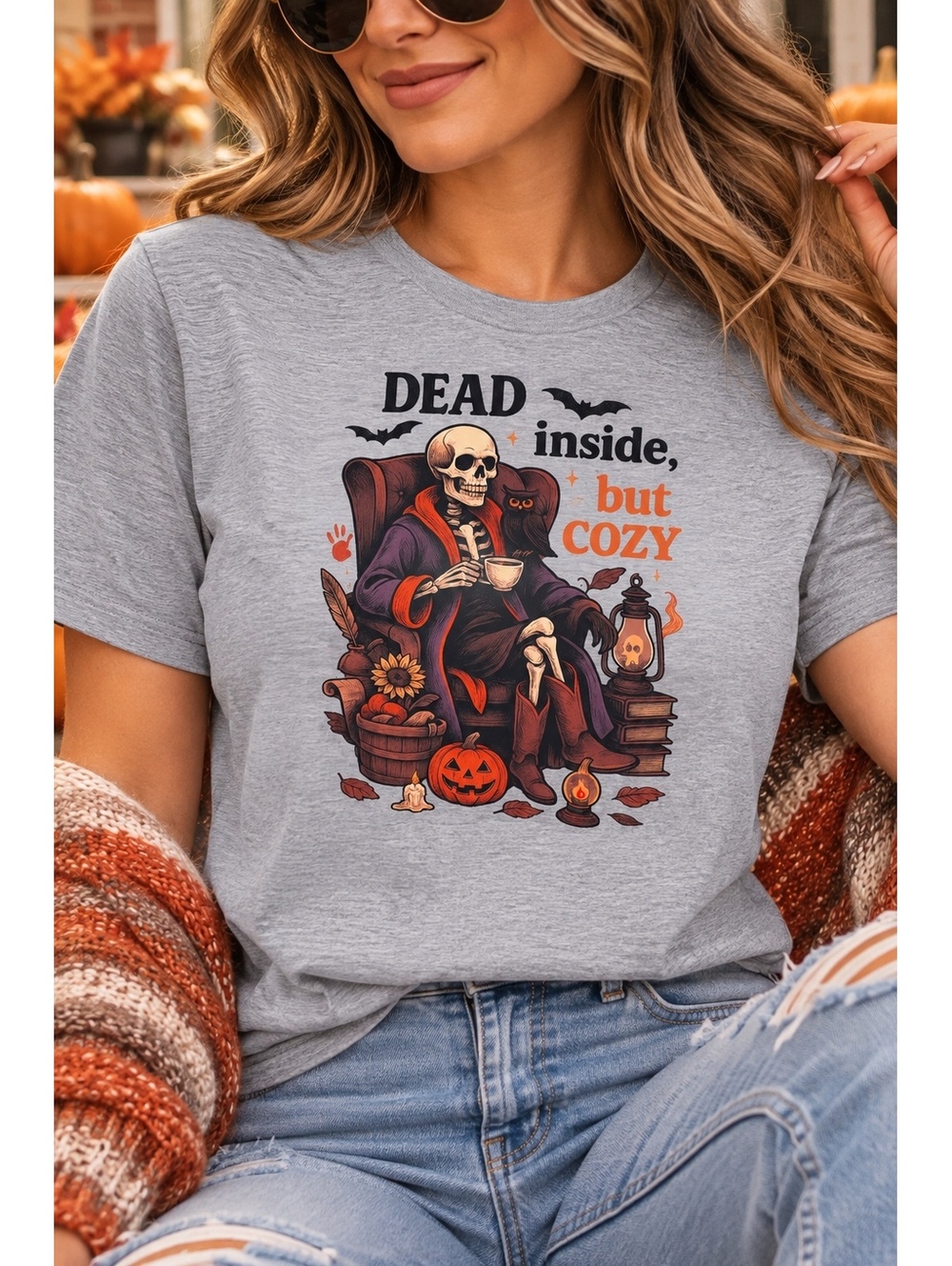 Dead Inside But Cozy Skeleton Graphic T-Shirt for Women